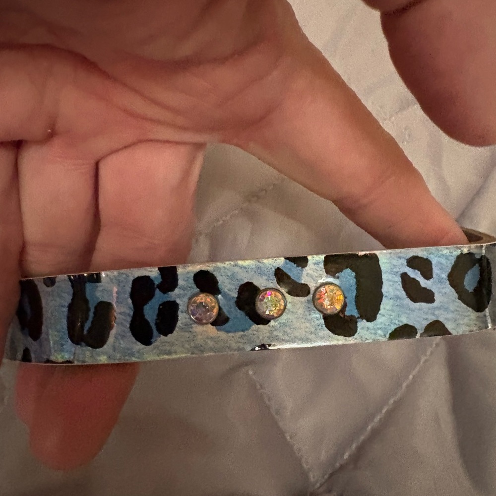 Blue Leopard Print Crystal Accent Cuff Bracelet